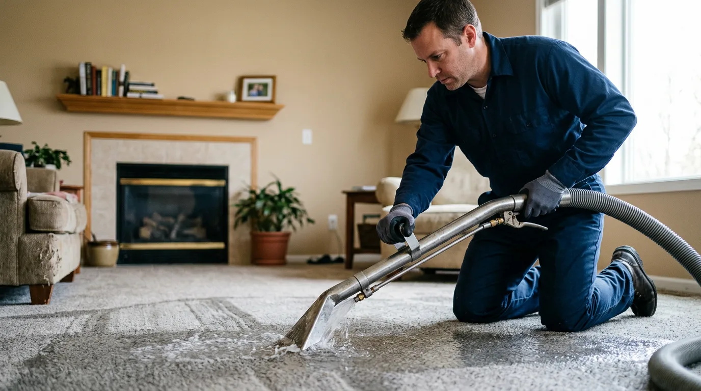 Water damage restoration technician working near Clayton, MO